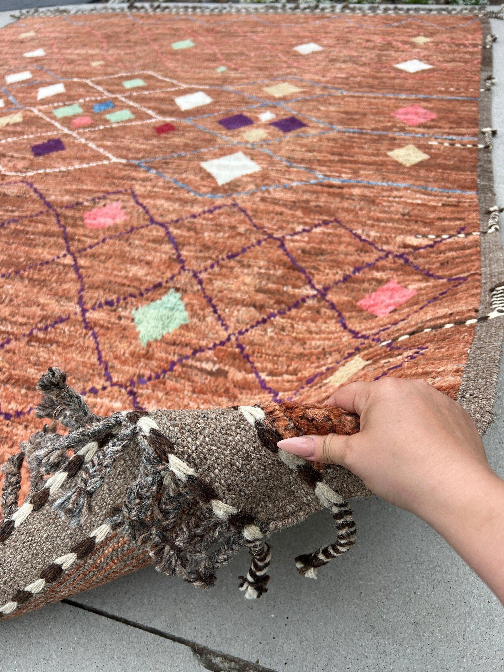 8x10 Handmade Afghan Moroccan Rug | Brown Tan Ivory White Red Purple Blue Mint Green | Berber Beni Mrirt Boujad Bohemian Plush Tufted Wool