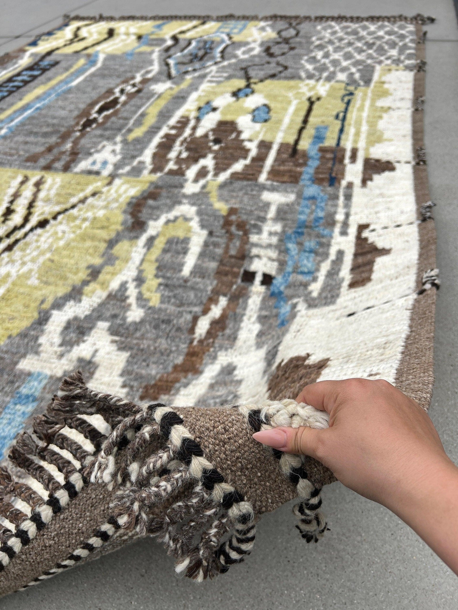 7x10 Handmade Afghan Moroccan Rug | Yellow Ivory Black Brown Blue Grey | Berber Beni Mrirt Boujad Plush Flokati Turkish Wool Oushak Persian