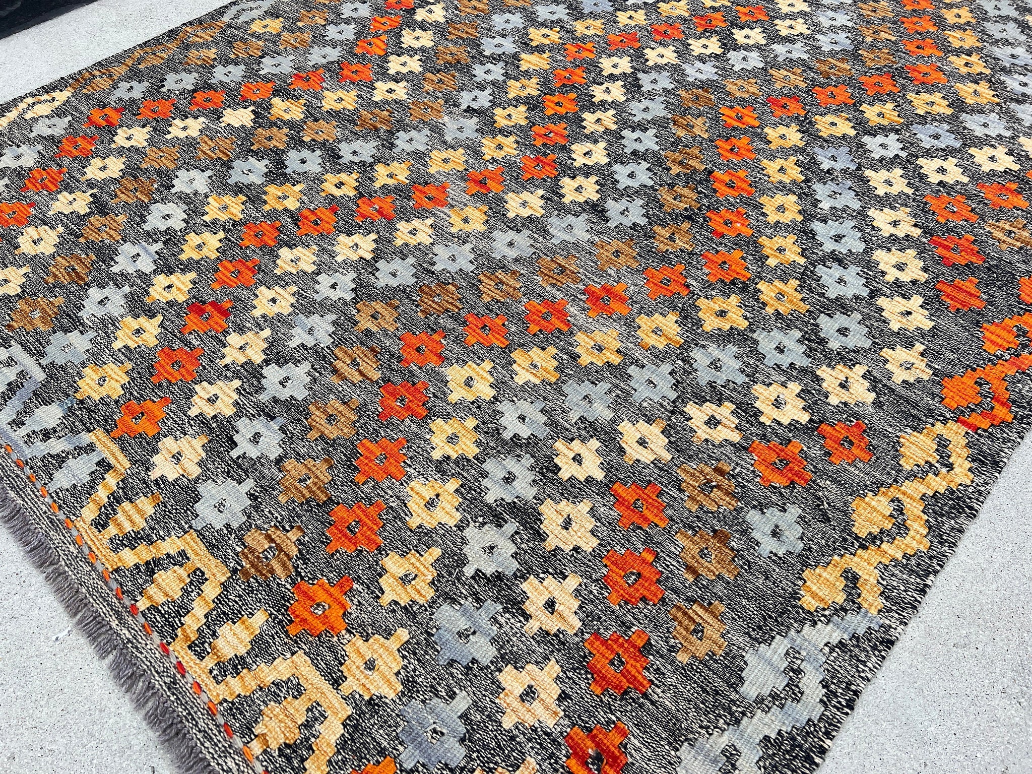 5x7 (110x215) Handmade Afghan Kilim Rug | Grey Caramel Brown Burnt Fire Orange Blue | Flatweave Flat Woven Oushak Persian Oriental Outdoor