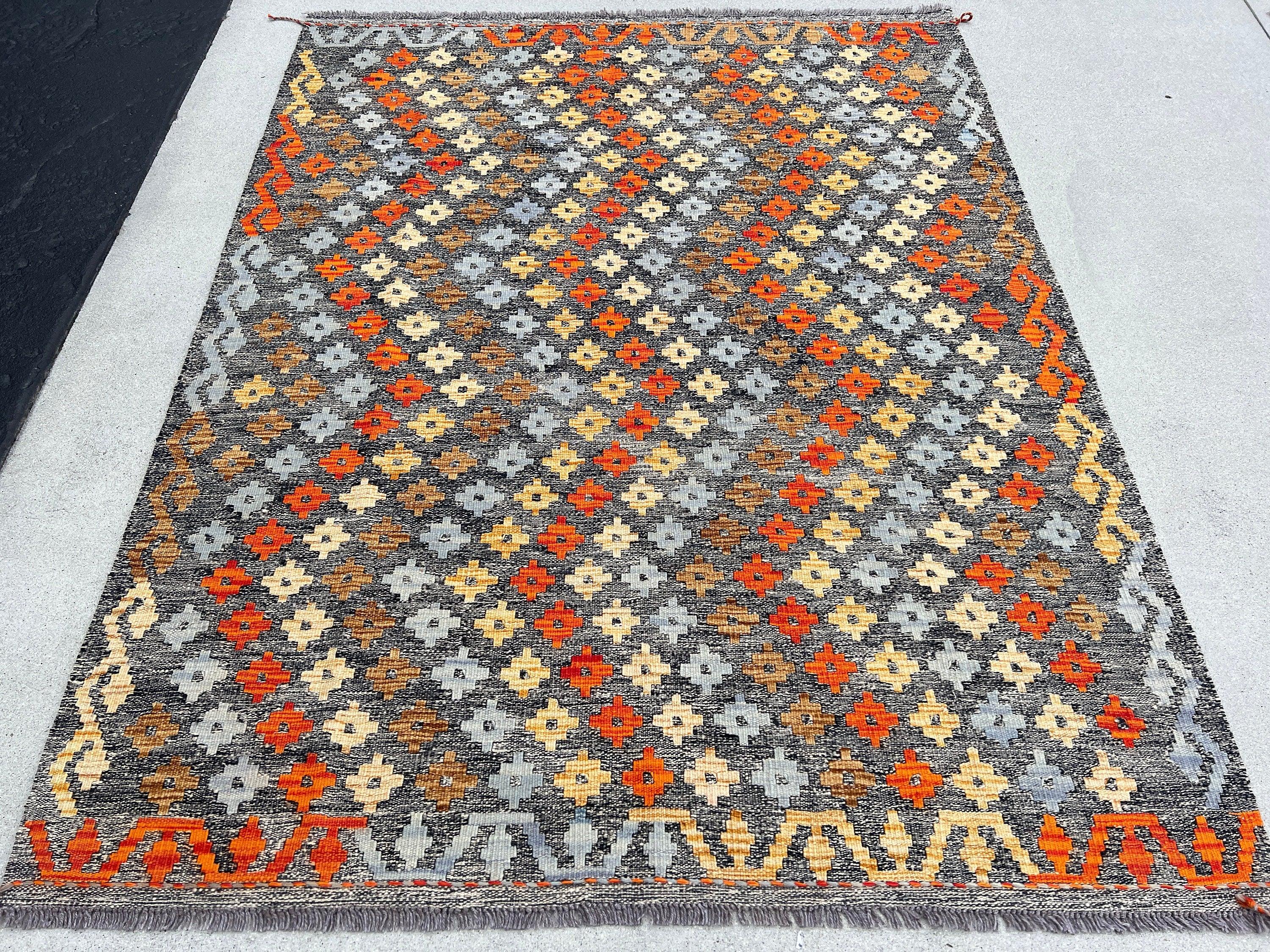 5x7 (110x215) Handmade Afghan Kilim Rug | Grey Caramel Brown Burnt Fire Orange Blue | Flatweave Flat Woven Oushak Persian Oriental Outdoor