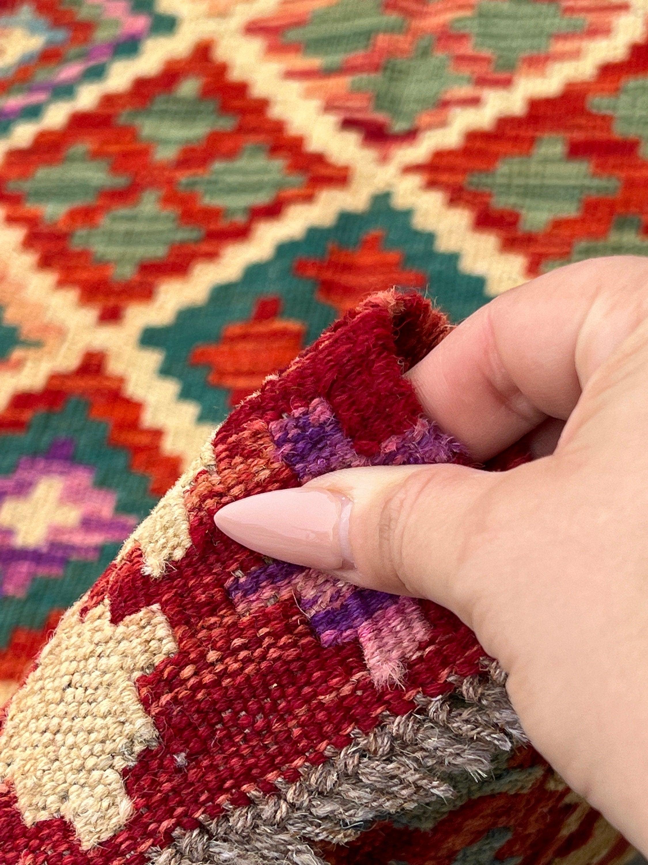 3x7 Handmade Afghan Kilim Runner Rug | Crimson Red Burnt Orange Pine Green Denim Blue Purple Yellow Beige Black | Flatweave Flat Woven Wool