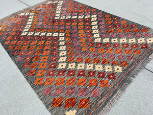 4x5 (120x150) Handmade Afghan Kilim Rug | Colorful Grey Burnt Orange Mauve Blood Red Maroon Cream Beige | Flatweave Geometric Outdoor Wool