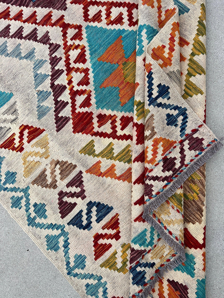 4x6 (120x180) Handmade Afghan Kilim Runner Rug | Ivory Cream Burnt Orange Green Yellow Beige Grey Brown Turquoise Sky Blue | Flatweave Wool