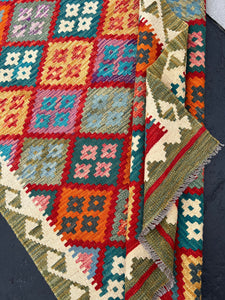 4x6 (120x180) Handmade Afghan Kilim Rug | Olive Green Blood Orange Ivory Cream Teal Blue Caramel Brown Purple Grey | Flatweave Wool Outdoor