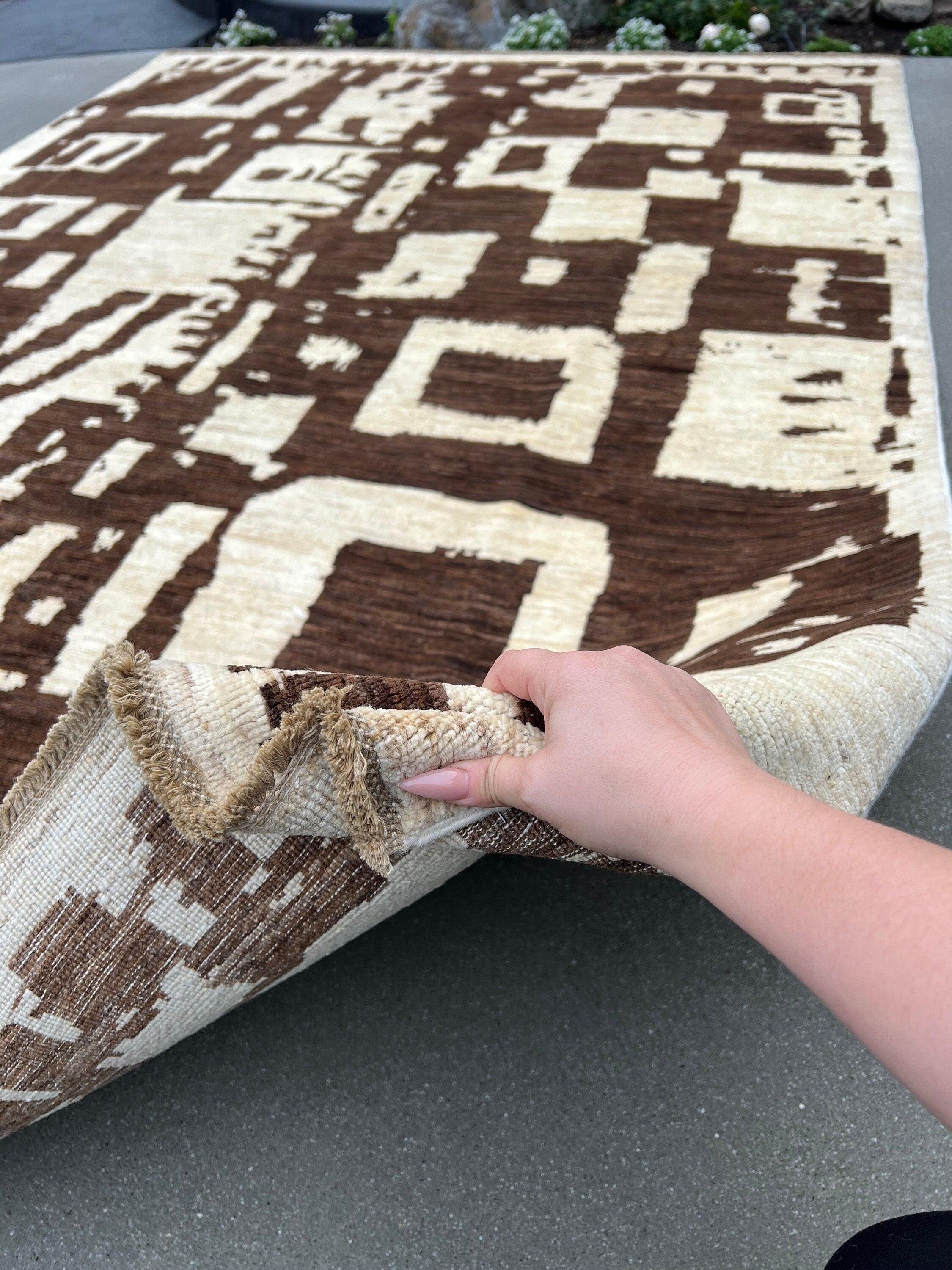 7x10 (215x305) Handmade Afghan Rug | Neutral Cream Beige Chocolate Brown | Hand Knotted Persian Moroccan Oriental Plush Oushak Ourain Wool