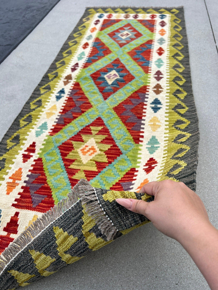 3x7 Handmade Afghan Kilim Runner Rug | Grey Olive Green White Ivory Brown Purple Eggplant Wine Red Burnt Orange Blue Turquoise Teal | Wool