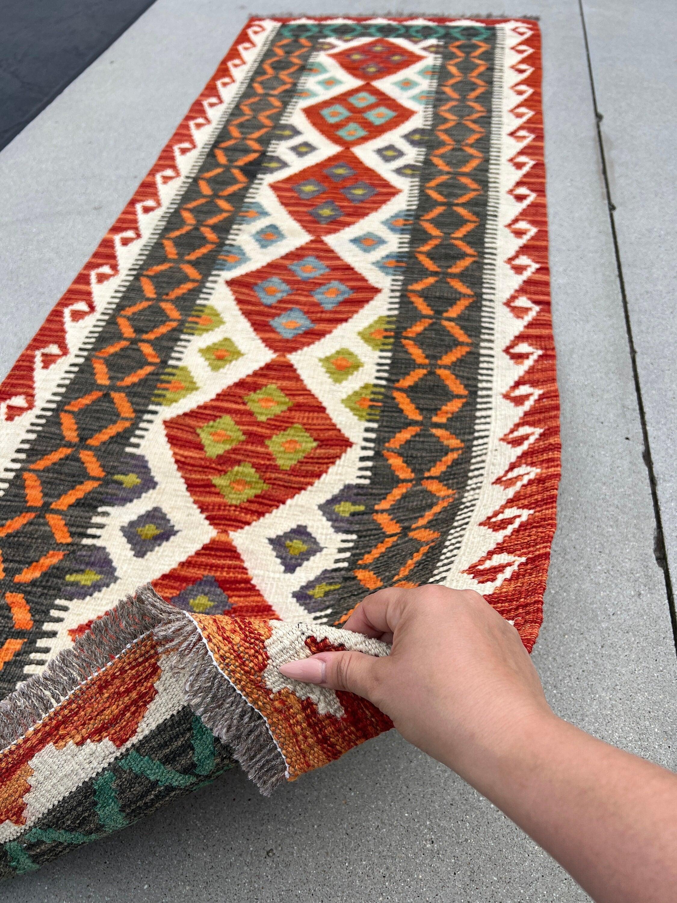 3x7 Handmade Afghan Kilim Runner Rug | Burnt Orange Black Pine Green Ivory White Eggplant Mustard Yellow Blue  | Flatweave Wool outdoor