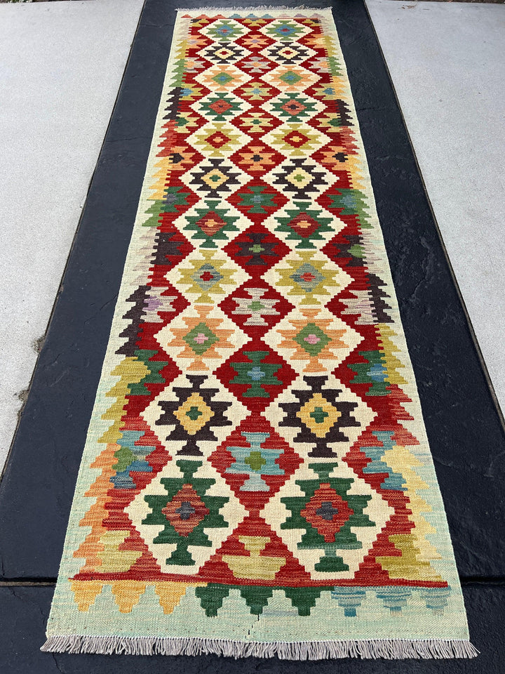 3x10 Handmade Afghan Kilim Runner Rug | Pine Olive Green Denim Blue Red Mustard Yellow Ivory Cream Purple Black | Flatweave Flat Woven Wool