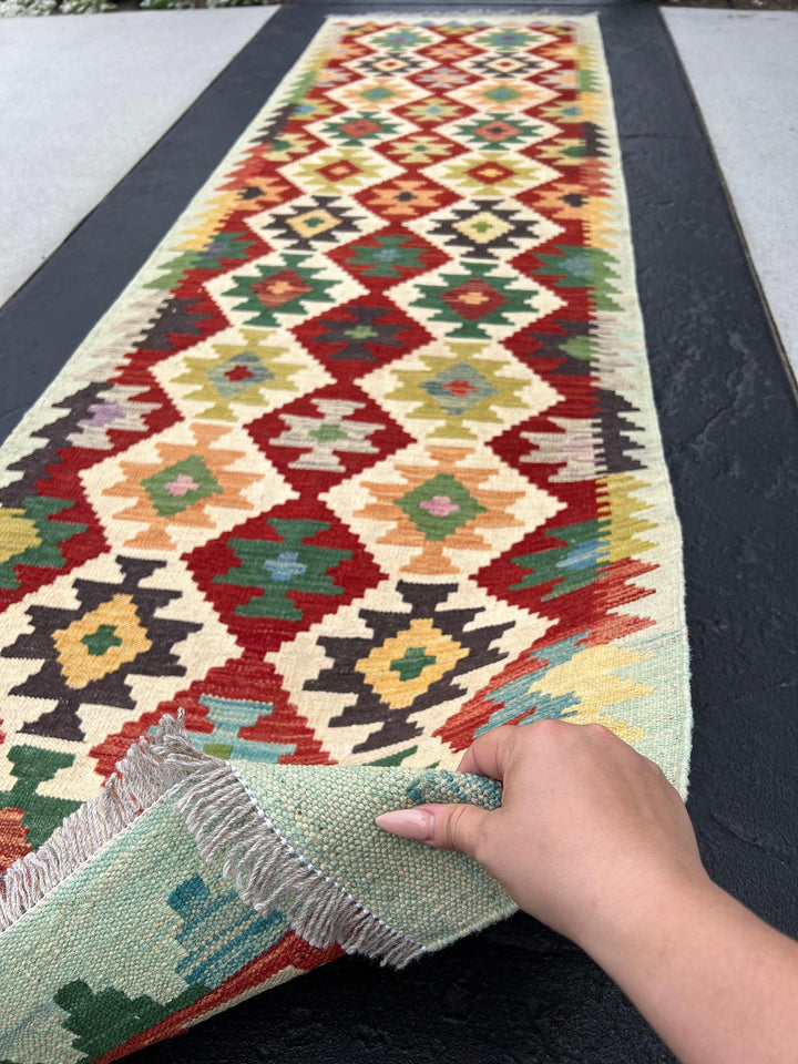 3x10 Handmade Afghan Kilim Runner Rug | Pine Olive Green Denim Blue Red Mustard Yellow Ivory Cream Purple Black | Flatweave Flat Woven Wool