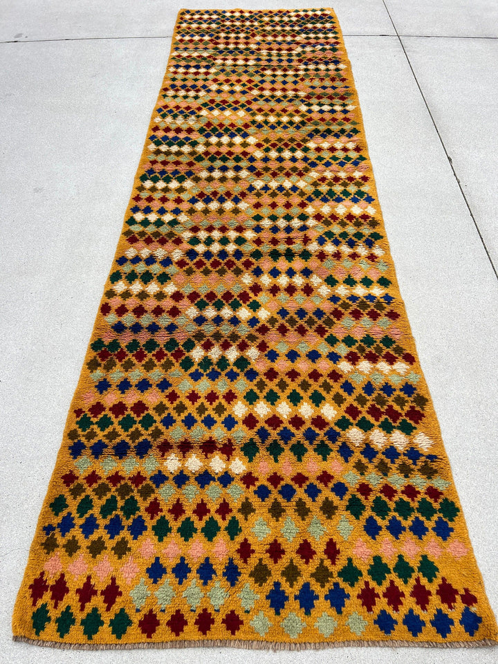 3x10 Handmade Vintage Baluch Afghan Runner Rug | Mustard Caramel Golden Red Ivory Royal Blue Pine Green Peach Tribal Oriental Boho Geometric