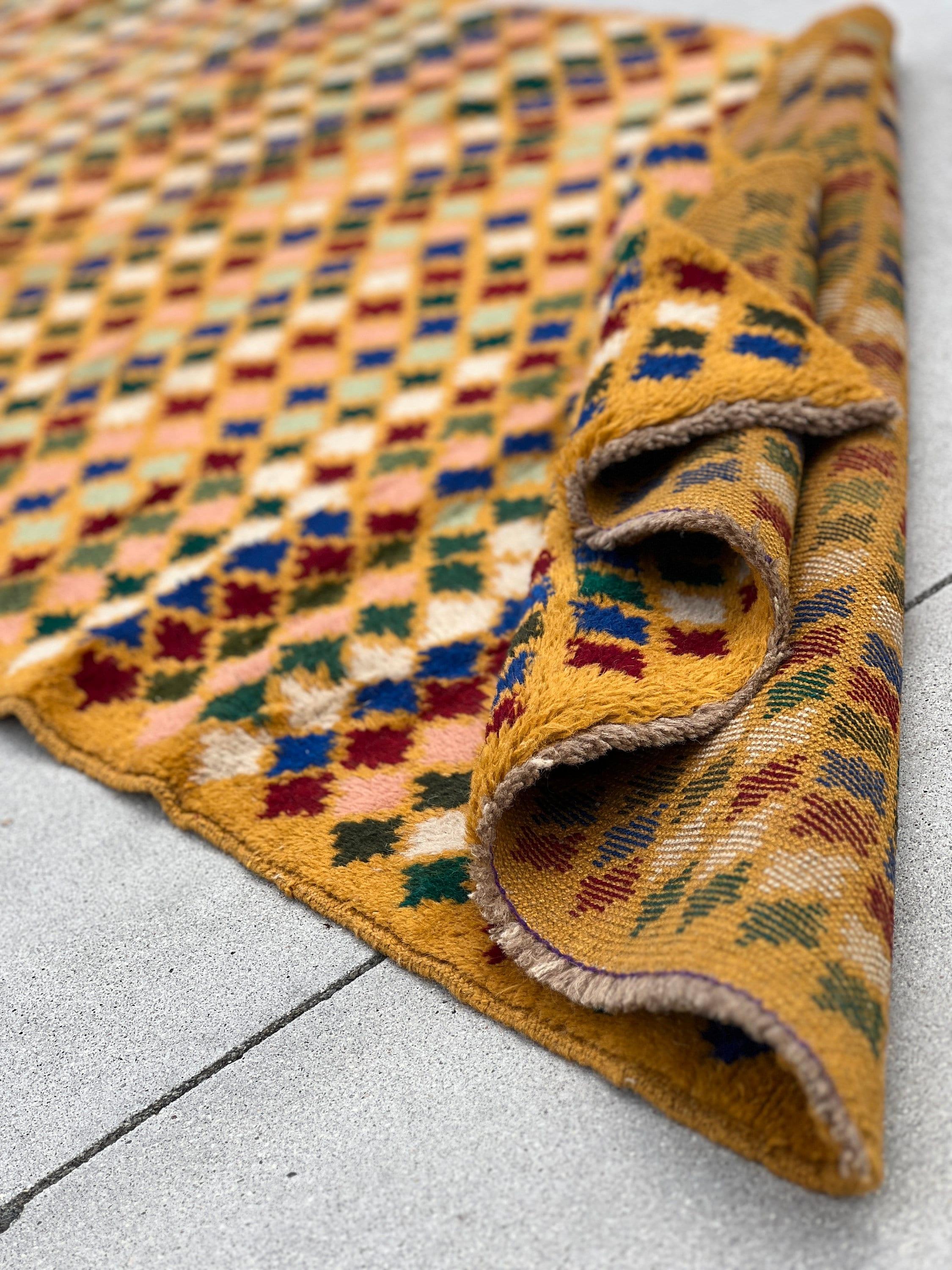 3x10 Handmade Vintage Baluch Afghan Runner Rug | Mustard Caramel Golden Red Ivory Royal Blue Pine Green Peach Tribal Oriental Boho Geometric