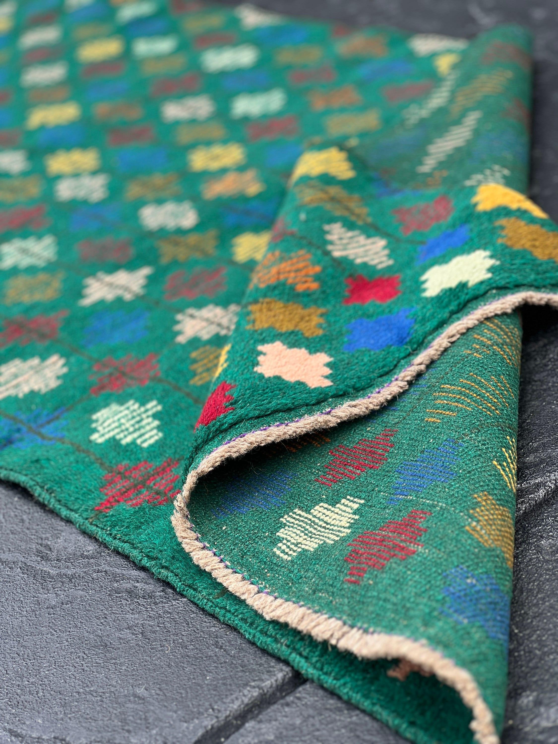 3x10 Handmade Afghan Runner Rug | Forest Green Cherry Red Mustard Olive Denim Blue Pink | Tribal Oriental Boho Geometric Persian Wool