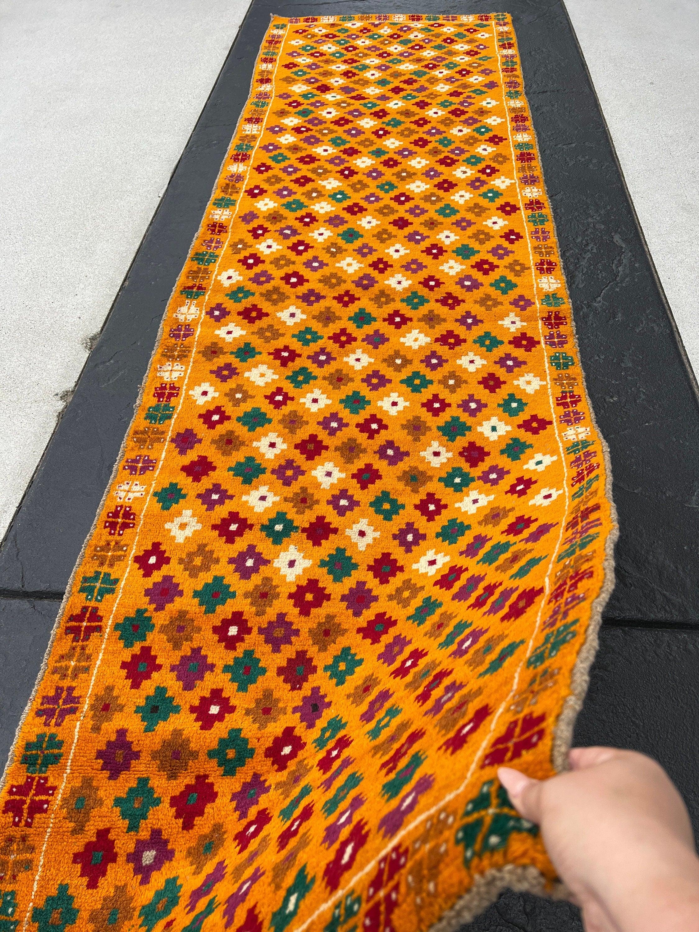 3x10 Handmade Vintage Baluch Afghan Runner Rug | Burnt Orange Purple Pine Green Cherry Red Beige Taupe | Tribal Oriental Boho Geometric Wool