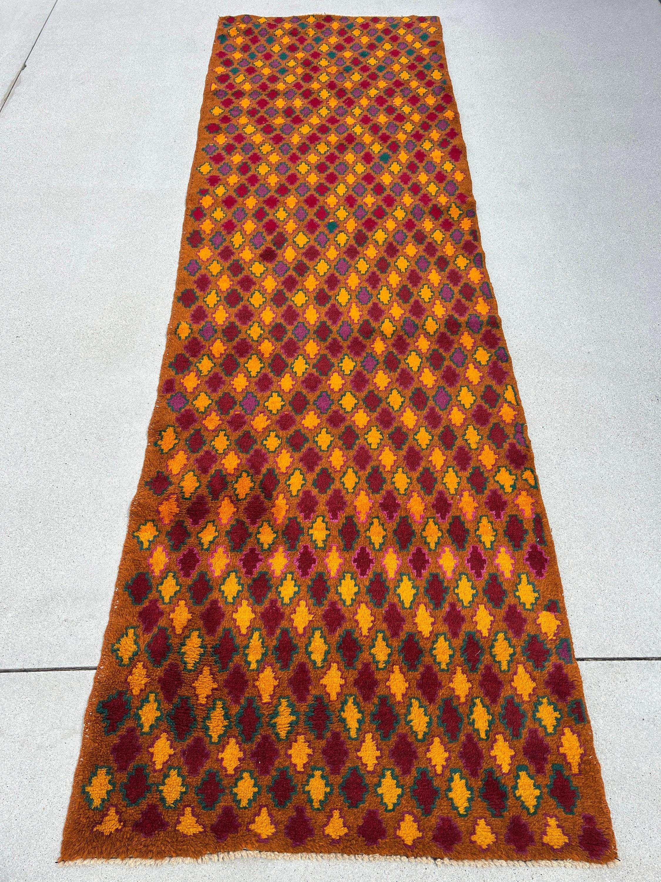 3x9 Handmade Vintage Baluch Afghan Runner Rug | Rust Orange Mustard Yellow Purple Pine Green Crimson Red Pink Tribal Oriental Boho Geometric