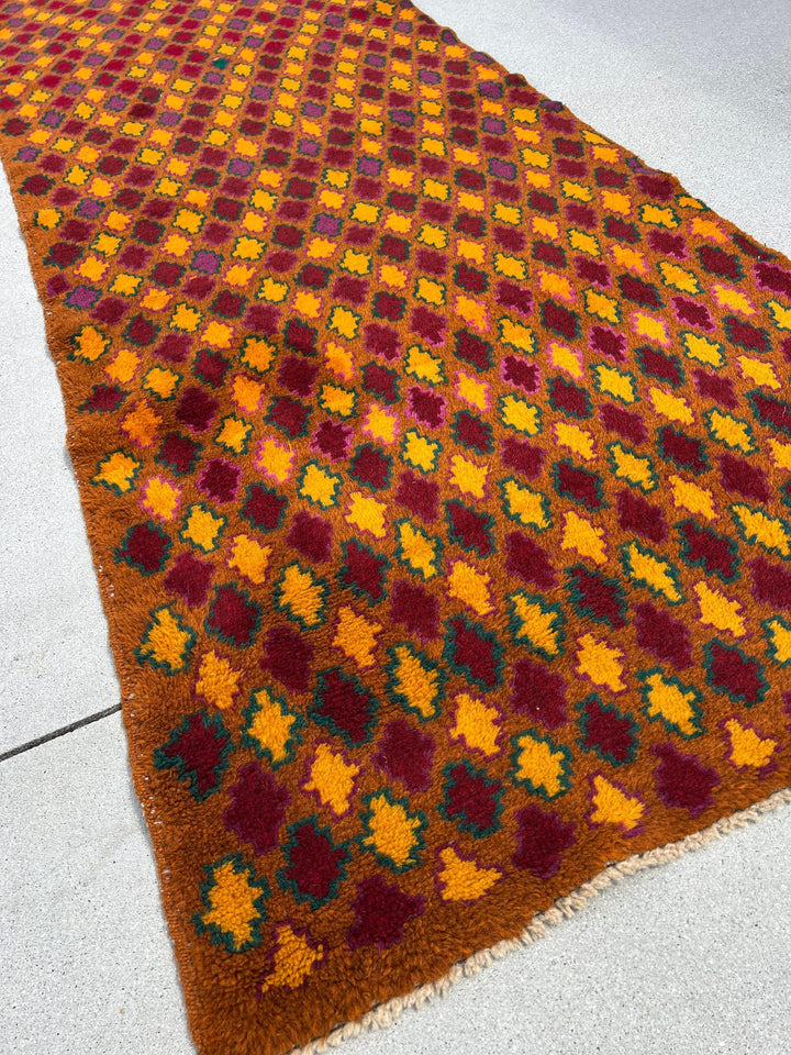 3x9 Handmade Vintage Baluch Afghan Runner Rug | Rust Orange Mustard Yellow Purple Pine Green Crimson Red Pink Tribal Oriental Boho Geometric