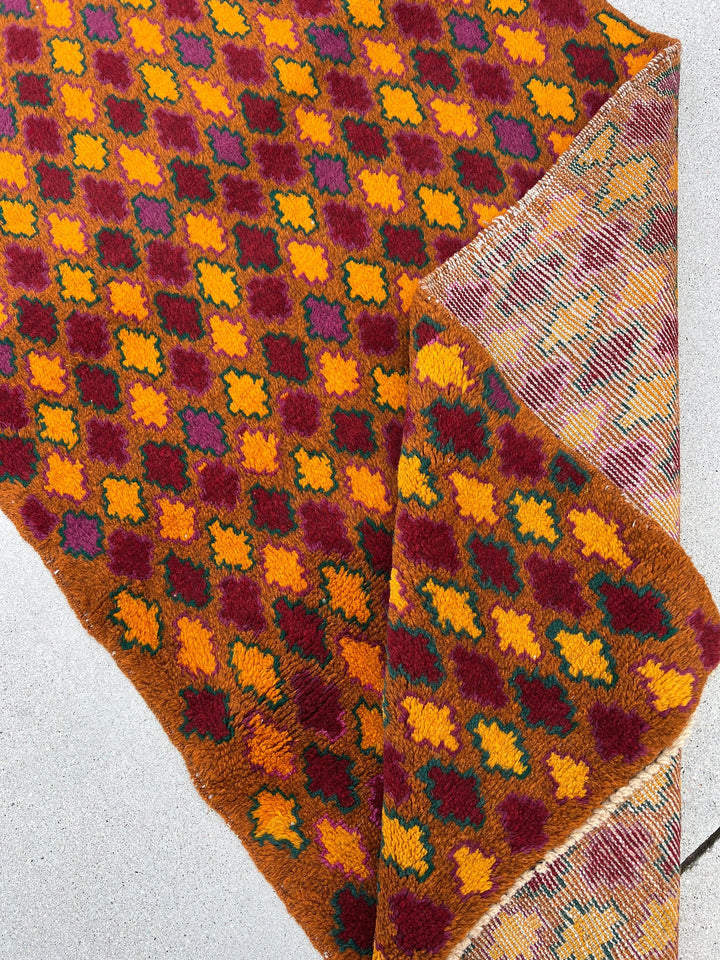 3x9 Handmade Vintage Baluch Afghan Runner Rug | Rust Orange Mustard Yellow Purple Pine Green Crimson Red Pink Tribal Oriental Boho Geometric