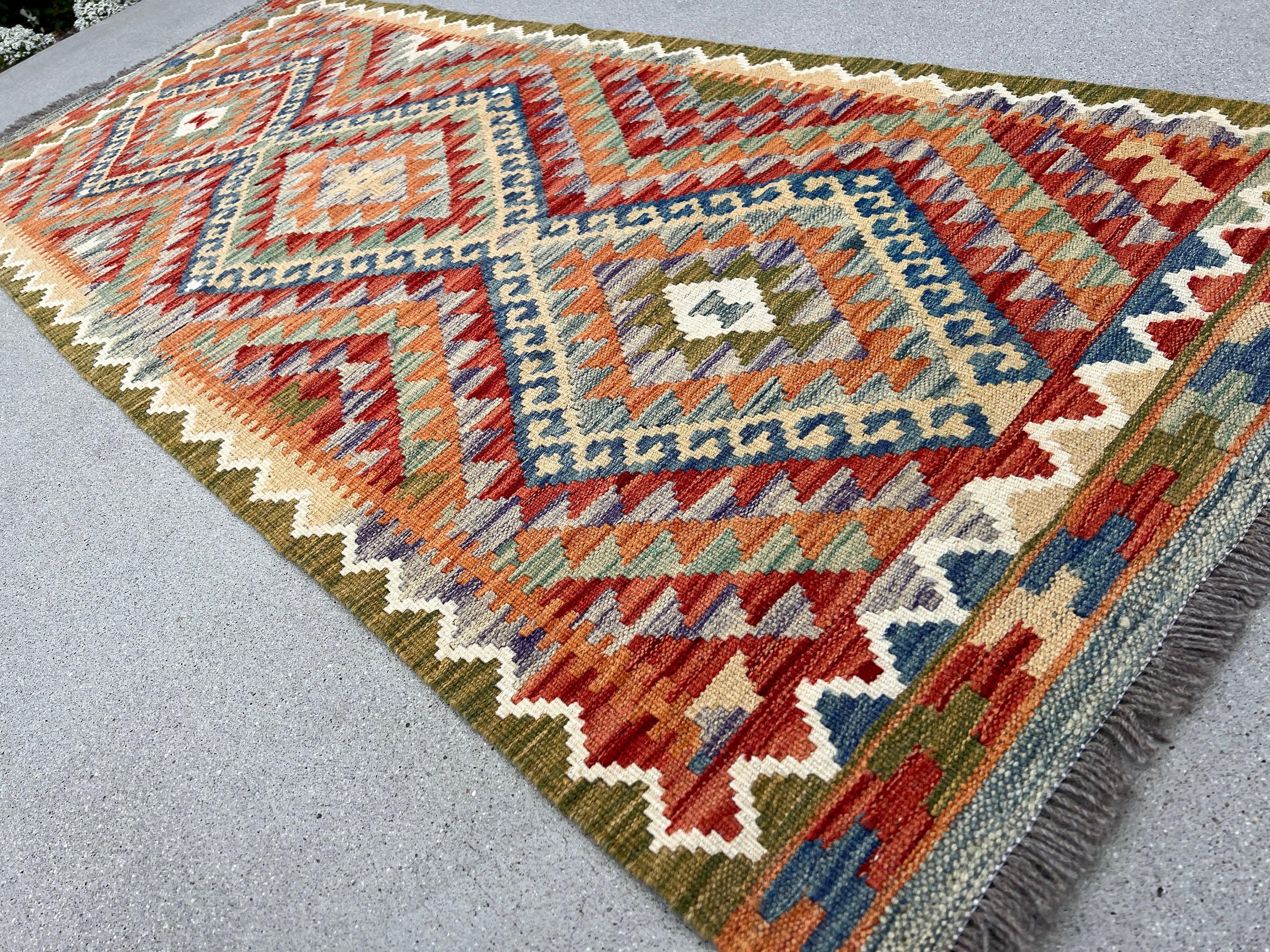 3x7 Handmade Afghan Kilim Runner Rug | Olive Moss Green Indigo Rust Burnt Orange Ivory Teal Midnight Blue Beige | Flatweave Persian Outdoor