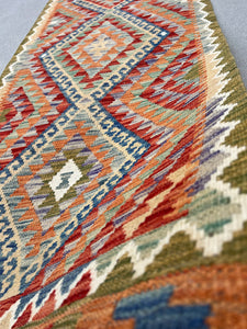 3x7 Handmade Afghan Kilim Runner Rug | Olive Moss Green Indigo Rust Burnt Orange Ivory Teal Midnight Blue Beige | Flatweave Persian Outdoor