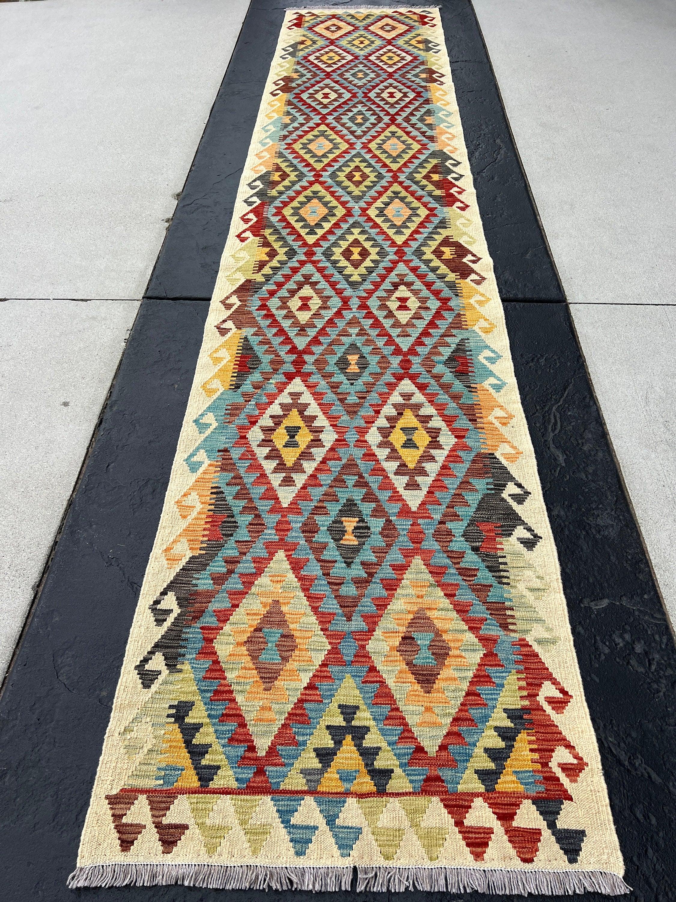 3x14 Handmade Afghan Kilim Runner Rug | Beige Teal Chocolate Brown Cherry Red Olive Green Orange Charcoal Grey Black Flatweave Wool Outdoor