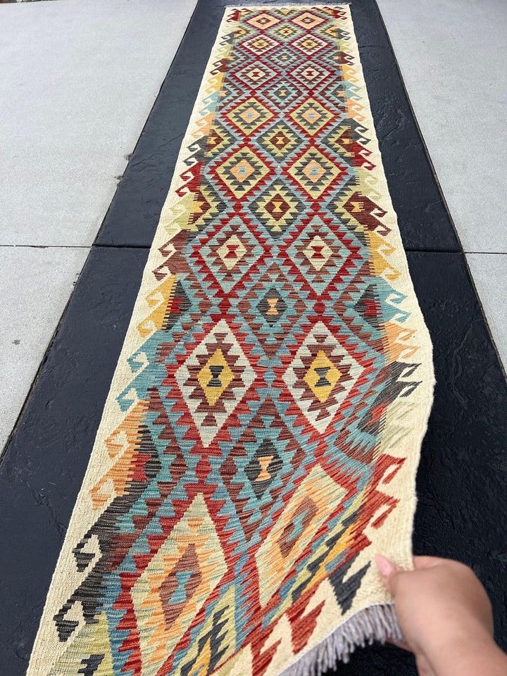 3x14 Handmade Afghan Kilim Runner Rug | Beige Teal Chocolate Brown Cherry Red Olive Green Orange Charcoal Grey Black Flatweave Wool Outdoor