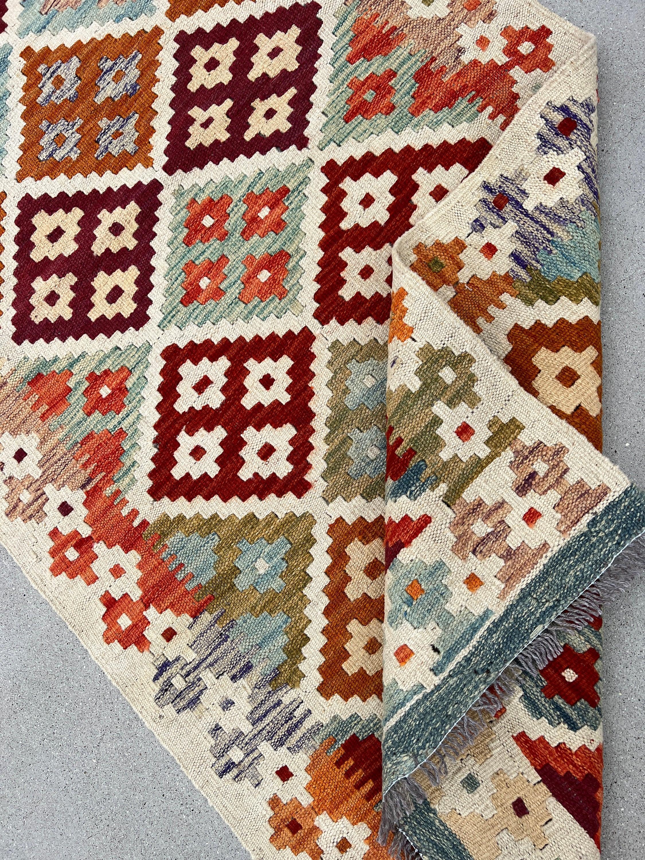 3x7 Handmade Afghan Kilim Runner Rug | Cream Beige Crimson Red Olive Green Light Blue Rust Burnt Orange Brown Flatweave Persian Wool Outdoor