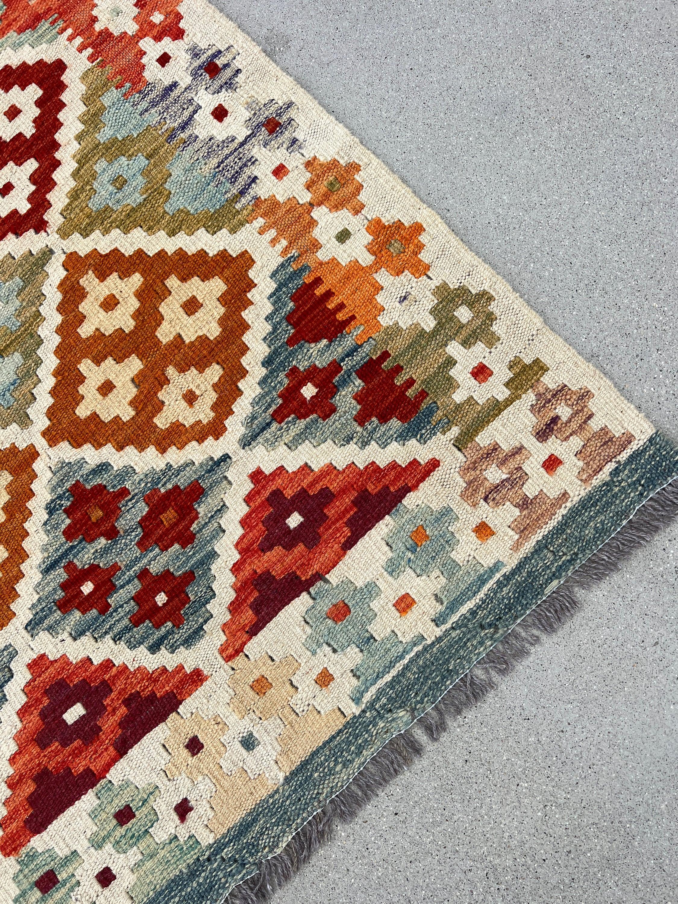 3x7 Handmade Afghan Kilim Runner Rug | Cream Beige Crimson Red Olive Green Light Blue Rust Burnt Orange Brown Flatweave Persian Wool Outdoor