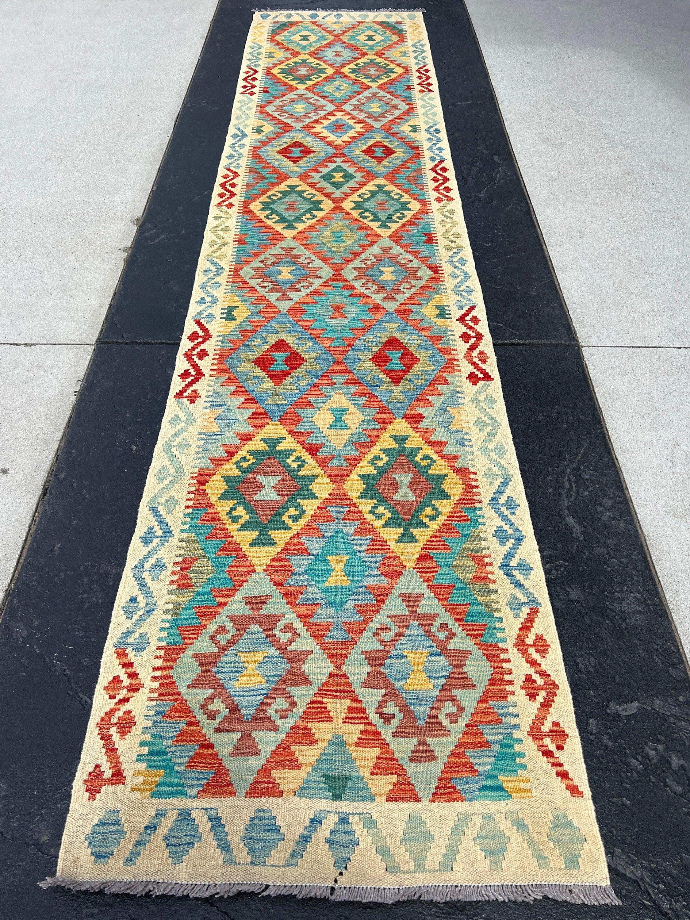 3x13 Handmade Afghan Kilim Runner Rug | Cream Beige Burnt Orange Teal Turquoise Golden Yellow Denim Blue Pine Green Brown Flatweave Outdoor