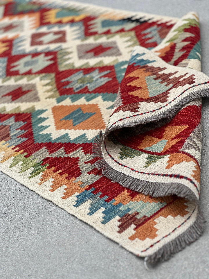 3x13 Handmade Afghan Kilim Runner Rug | Ivory Cream Burnt Sienna Red Teal Rust Orange Olive Green Brown Grey | Flatweave Wool Outdoor