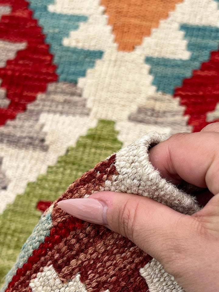 3x13 Handmade Afghan Kilim Runner Rug | Ivory Cream Burnt Sienna Red Teal Rust Orange Olive Green Brown Grey | Flatweave Wool Outdoor