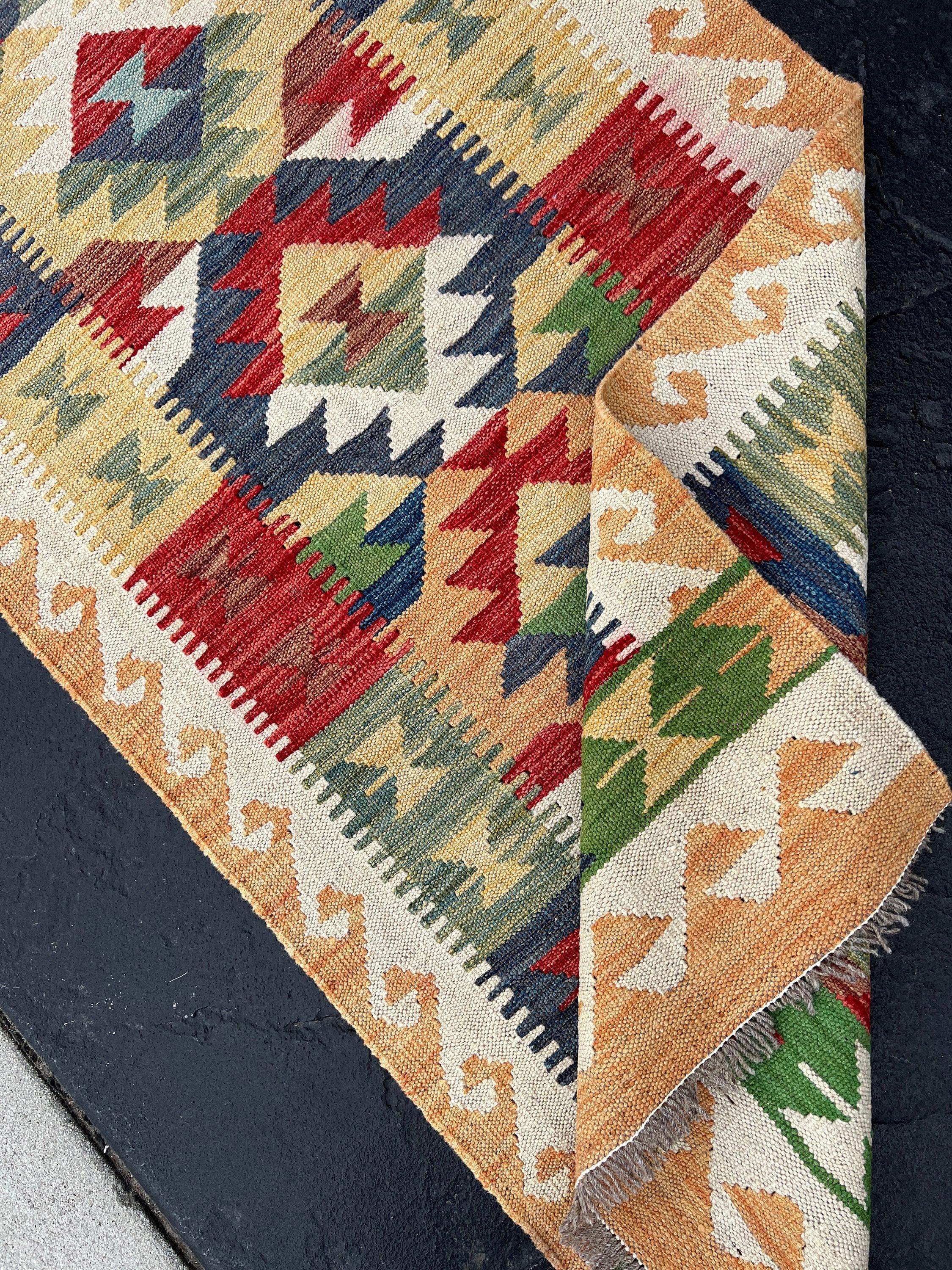 3x13 Handmade Afghan Kilim Runner Rug | Cream Beige Peach Orange Olive Green Navy Blue Brick Red | Flatweave  Flat Woven Boho Outdoor