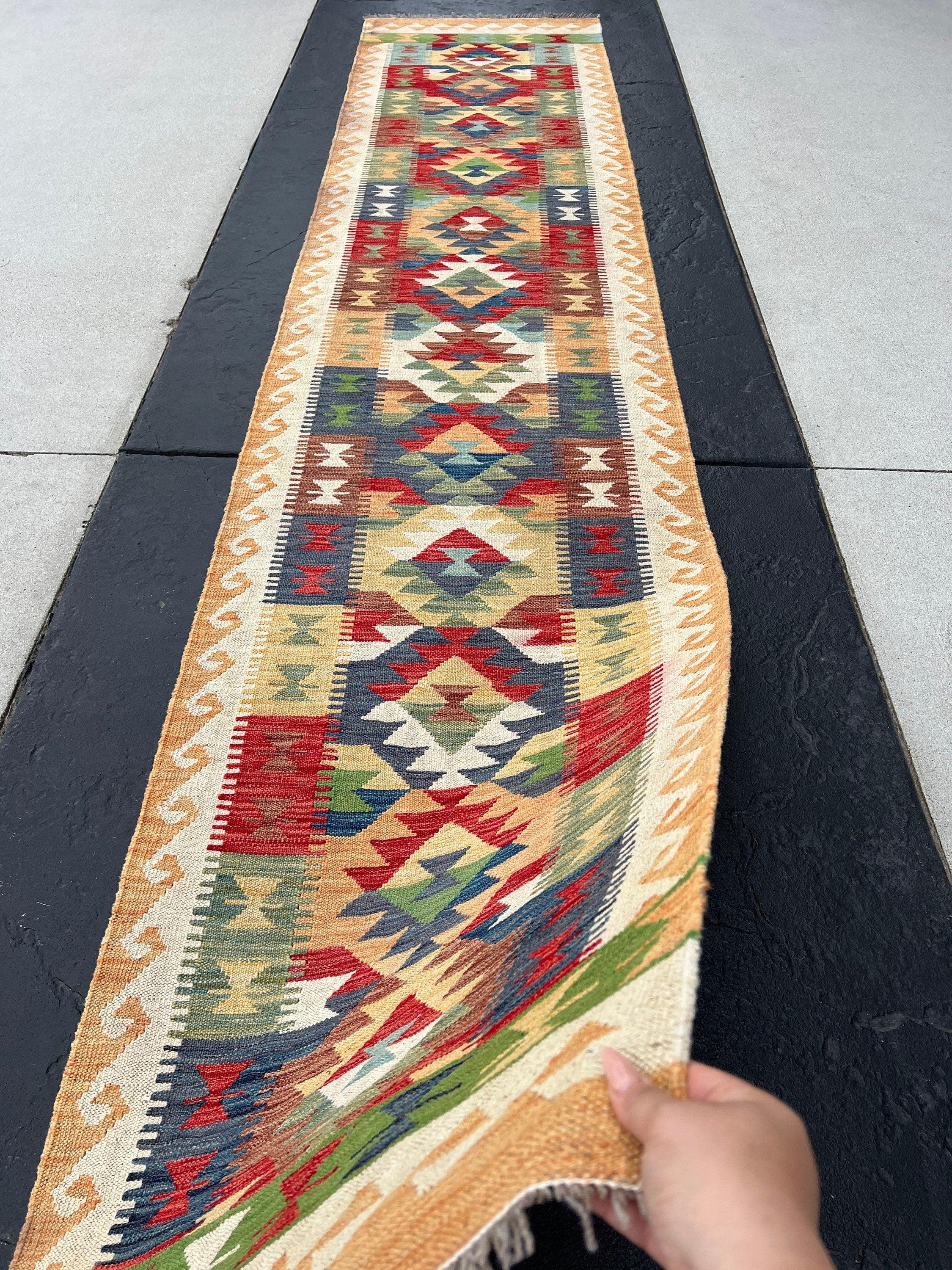 3x13 Handmade Afghan Kilim Runner Rug | Cream Beige Peach Orange Olive Green Navy Blue Brick Red | Flatweave  Flat Woven Boho Outdoor