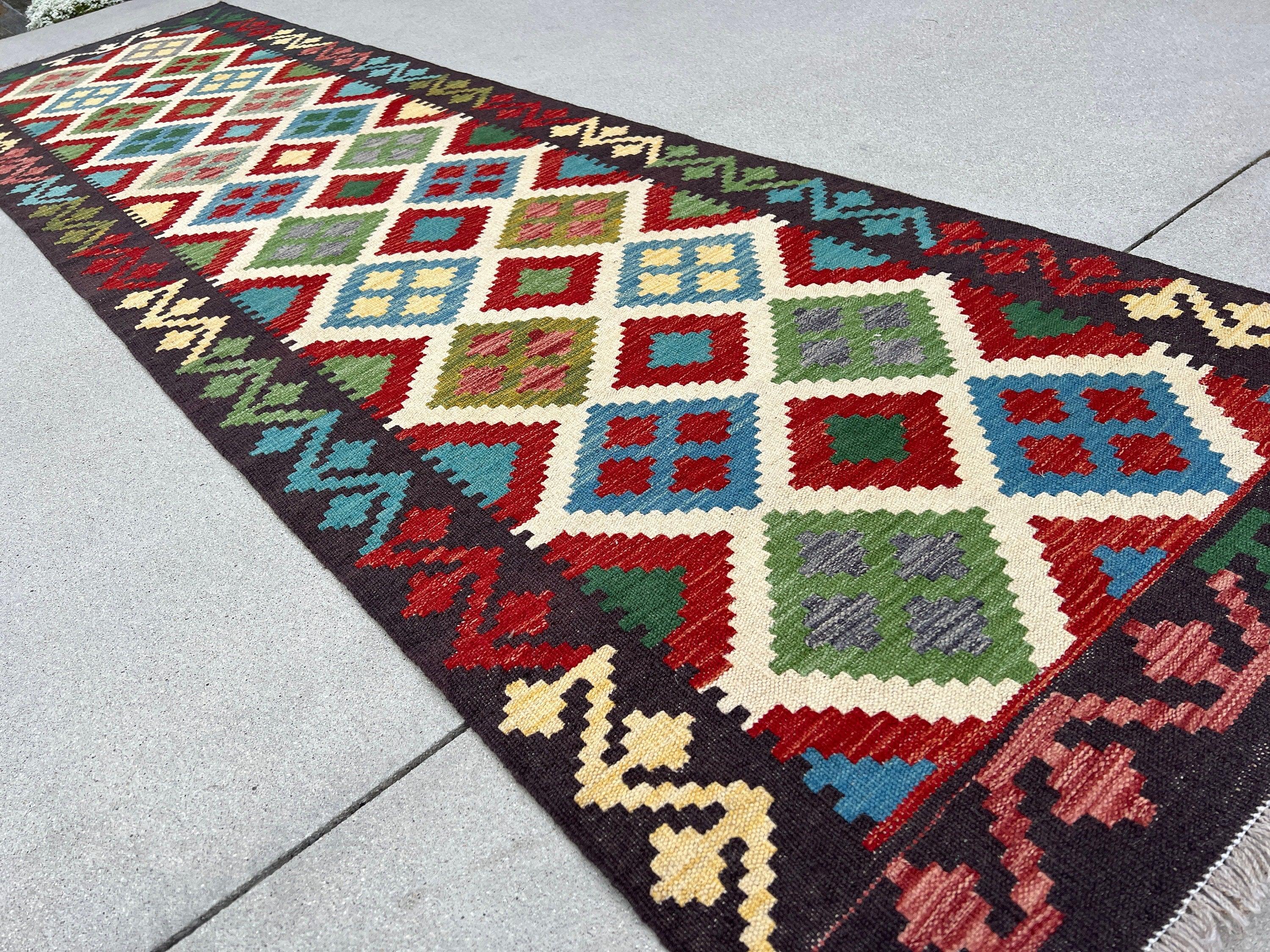 3x10 Handmade Afghan Kilim Runner Rug | Black Cream Crimson Red Olive Pine Green Yellow Blue Flatweave Wool Flat Woven Persian Boho Outdoor