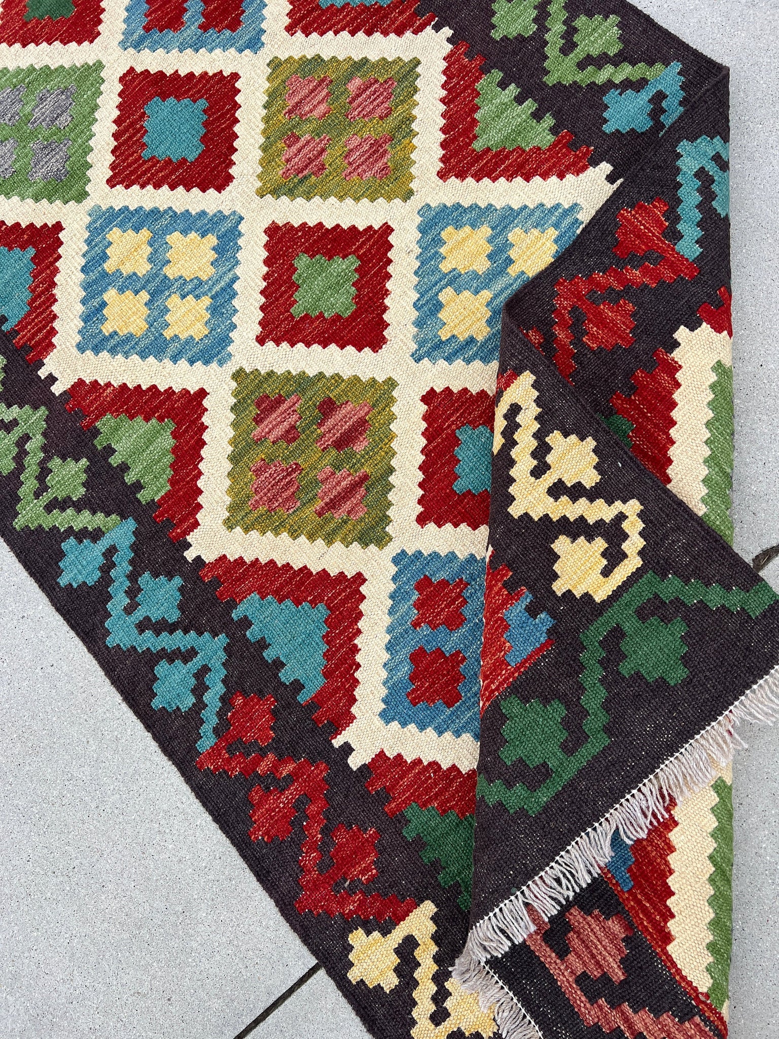 3x10 Handmade Afghan Kilim Runner Rug | Black Cream Crimson Red Olive Pine Green Yellow Blue Flatweave Wool Flat Woven Persian Boho Outdoor