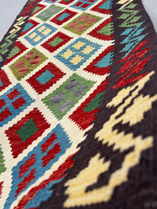 3x10 Handmade Afghan Kilim Runner Rug | Black Cream Crimson Red Olive Pine Green Yellow Blue Flatweave Wool Flat Woven Persian Boho Outdoor