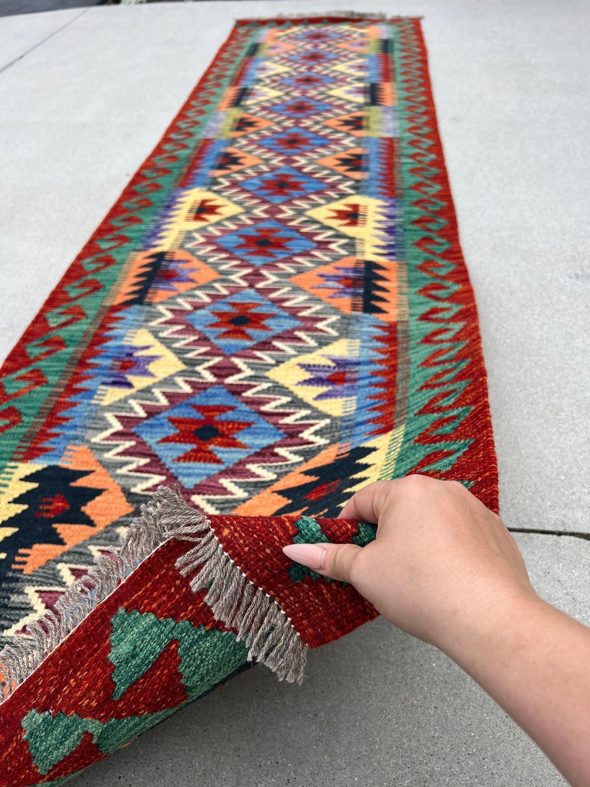 3x10 Handmade Afghan Kilim Runner Rug | Red Forest Green Grey Eggplant Black Royal Blue Coral Orange Beige | Flatweave Persian Wool Outdoor