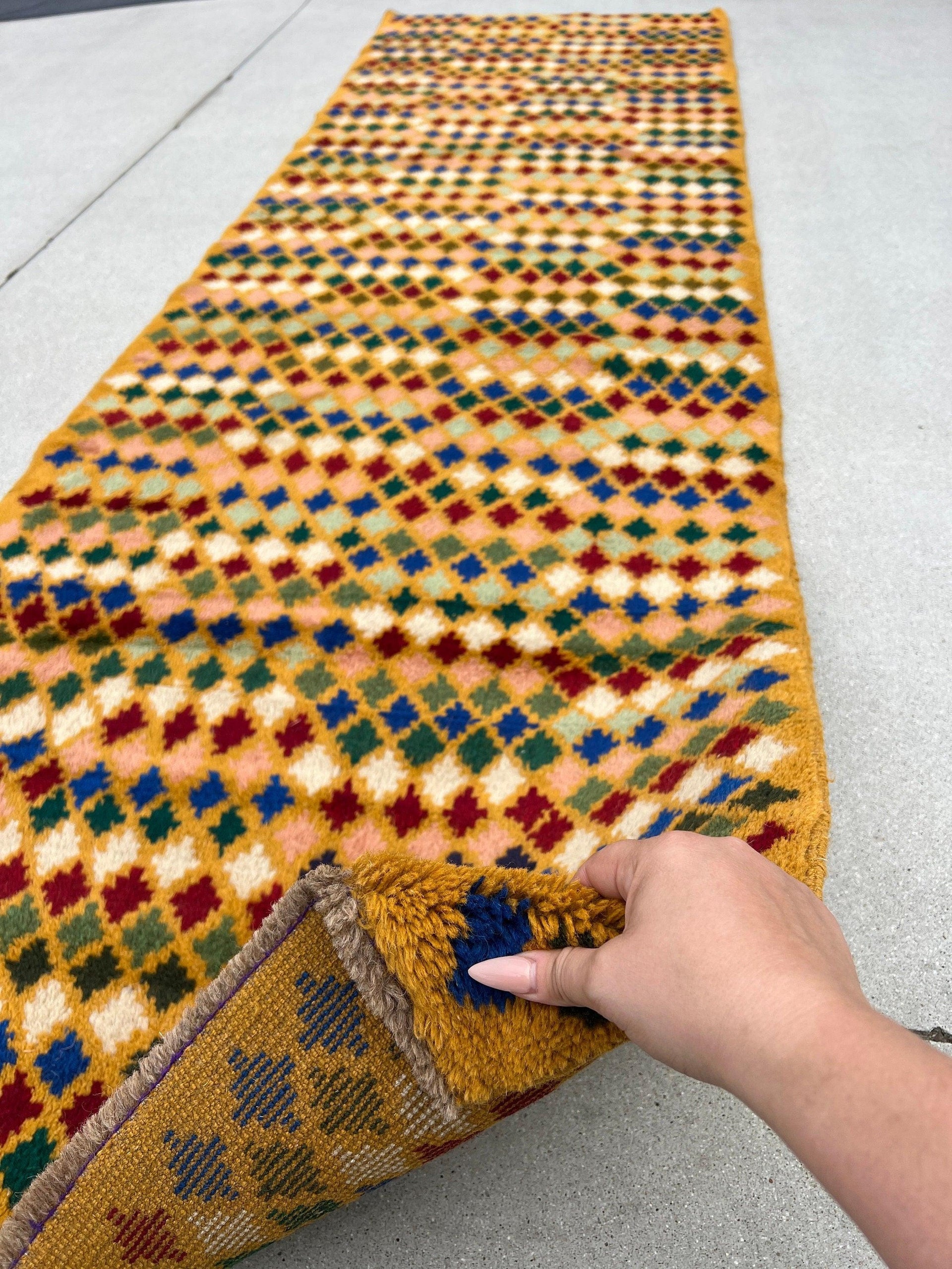 3x10 Handmade Vintage Baluch Afghan Runner Rug | Mustard Caramel Golden Red Ivory Royal Blue Pine Green Peach Tribal Oriental Boho Geometric