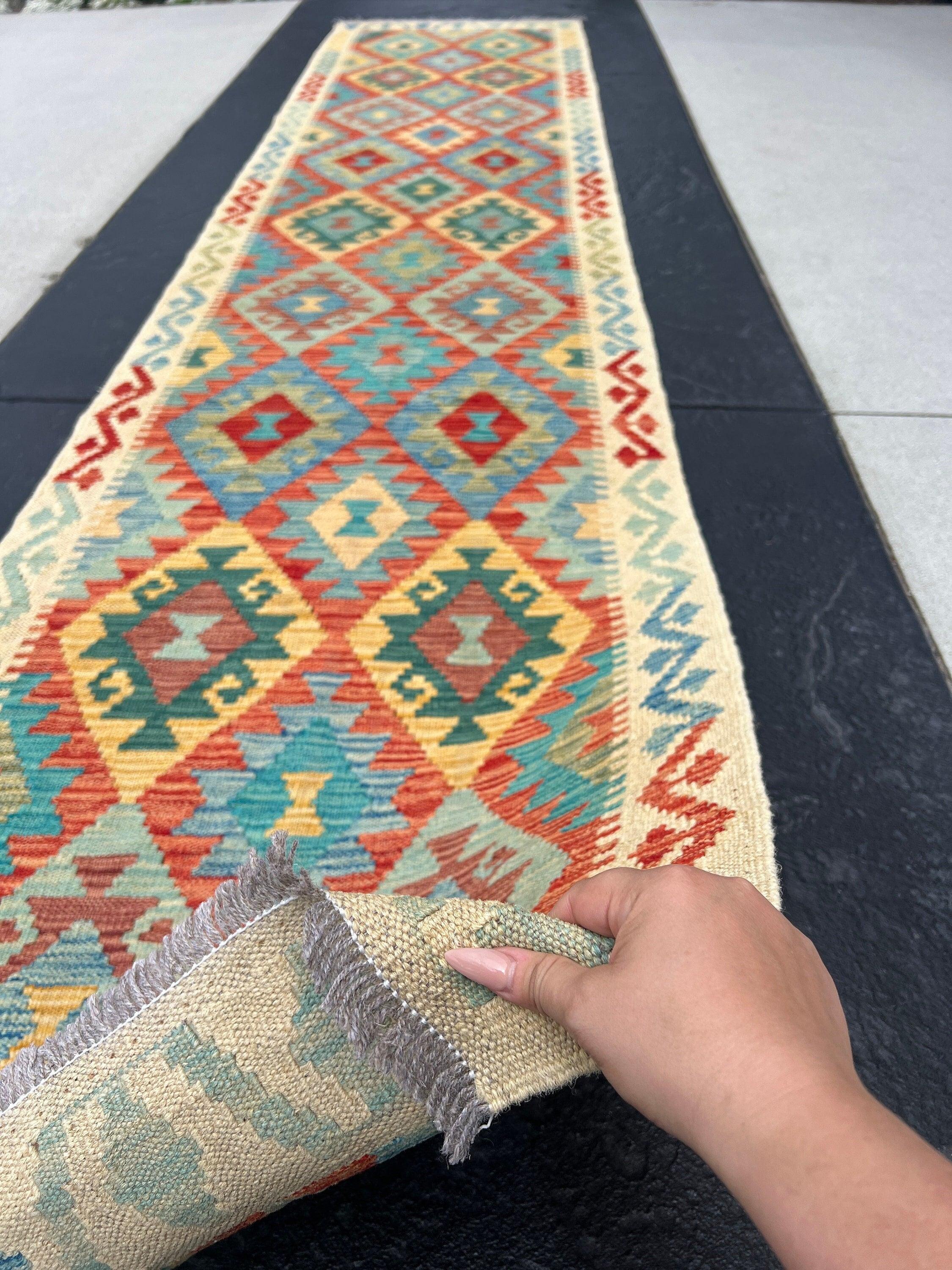 3x13 Handmade Afghan Kilim Runner Rug | Cream Beige Burnt Orange Teal Turquoise Golden Yellow Denim Blue Pine Green Brown Flatweave Outdoor