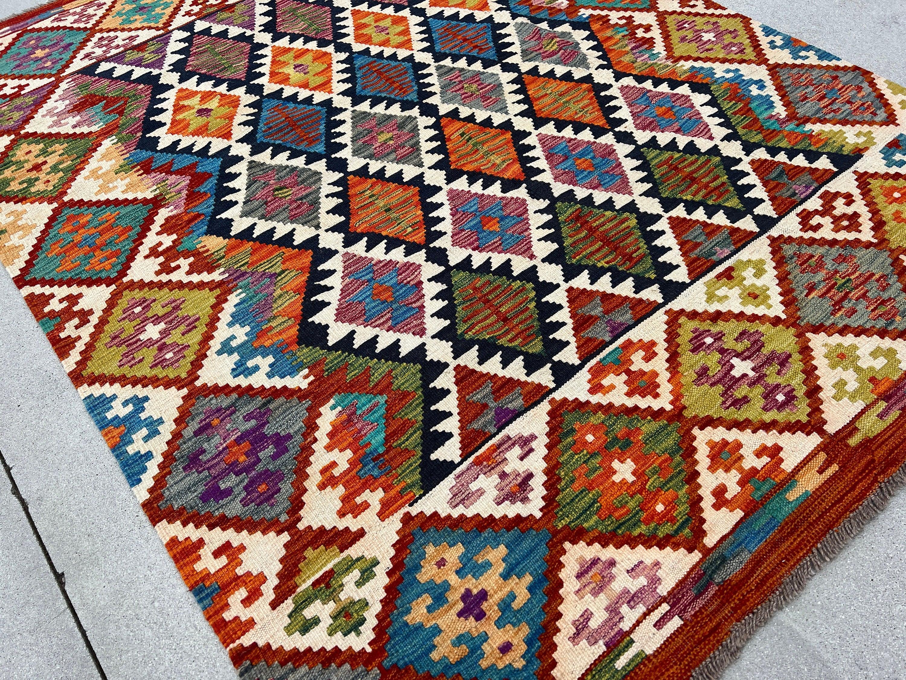 5x7 Handmade Afghan Kilim Rug | Burnt Orange Ivory White Wine Red Blue Green Turquoise Grey Purple Navy Blue Mustard Yellow | Flatweave Wool