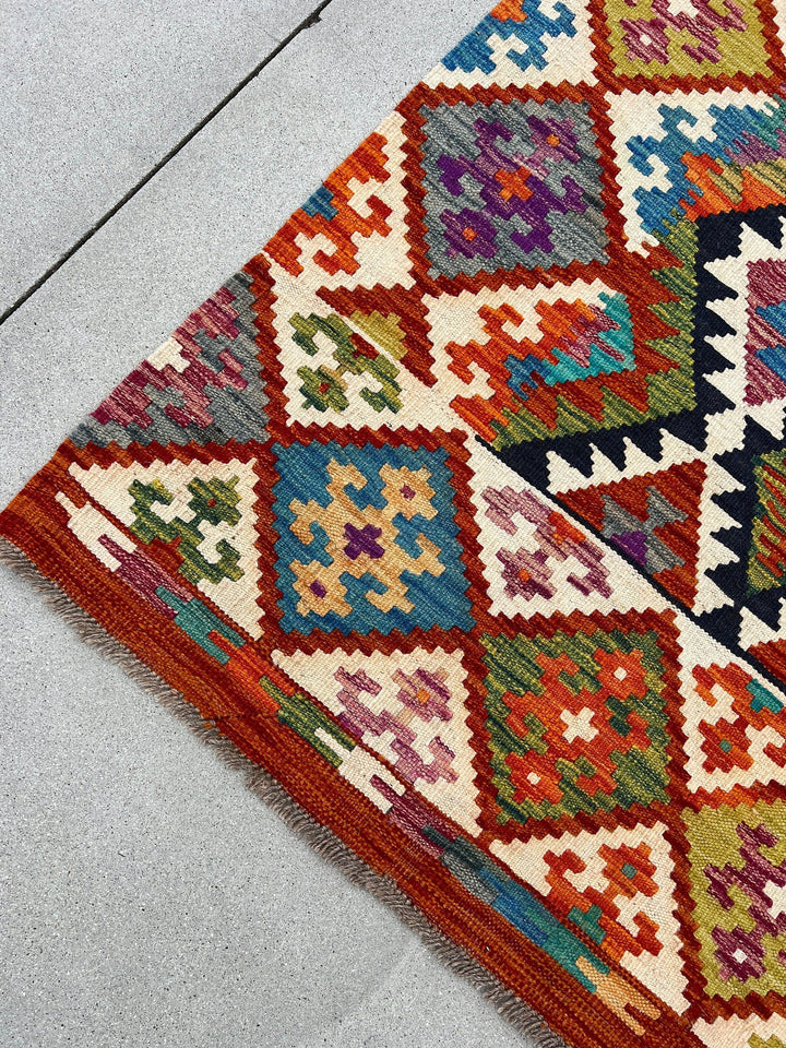 5x7 Handmade Afghan Kilim Rug | Burnt Orange Ivory White Wine Red Blue Green Turquoise Grey Purple Navy Blue Mustard Yellow | Flatweave Wool