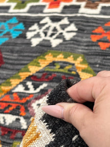4x7 Handmade Afghan Kilim Rug | Grey Ivory Cream Fire Orange Red Sky Denim Blue Yellow Brown Green | Flatweave Flatwoven Wool Outdoor