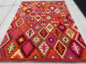 6x8 Handmade Afghan Kilim Rug | Orange Brick Red Maroon Fuchsia Pink Tan Brown | Flatweave Wool Persian Turkish Oushak Persian Outdoor Patio