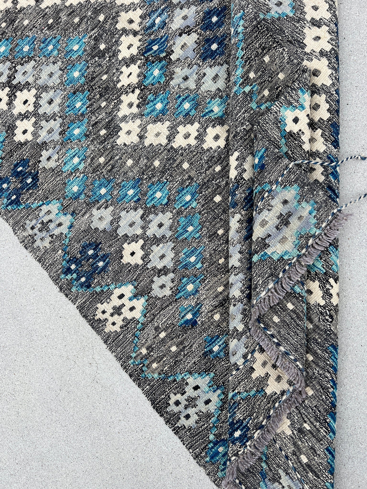 3x7 Handmade Afghan Kilim Runner Rug | Grey Denim Light Blue Ivory White | Flatweave Flat Woven Bohemian Persian Oushak Wool Outdoor Patio