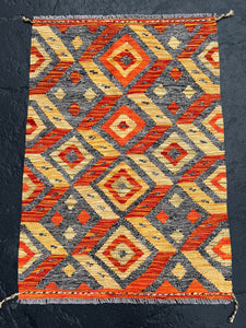 3x4 Handmade Afghan Kilim Rug | Grey Blood Orange Saffron Yellow | Hand Knotted Wool Flatweave Flat Woven Striped Tribal Outdoor Patio
