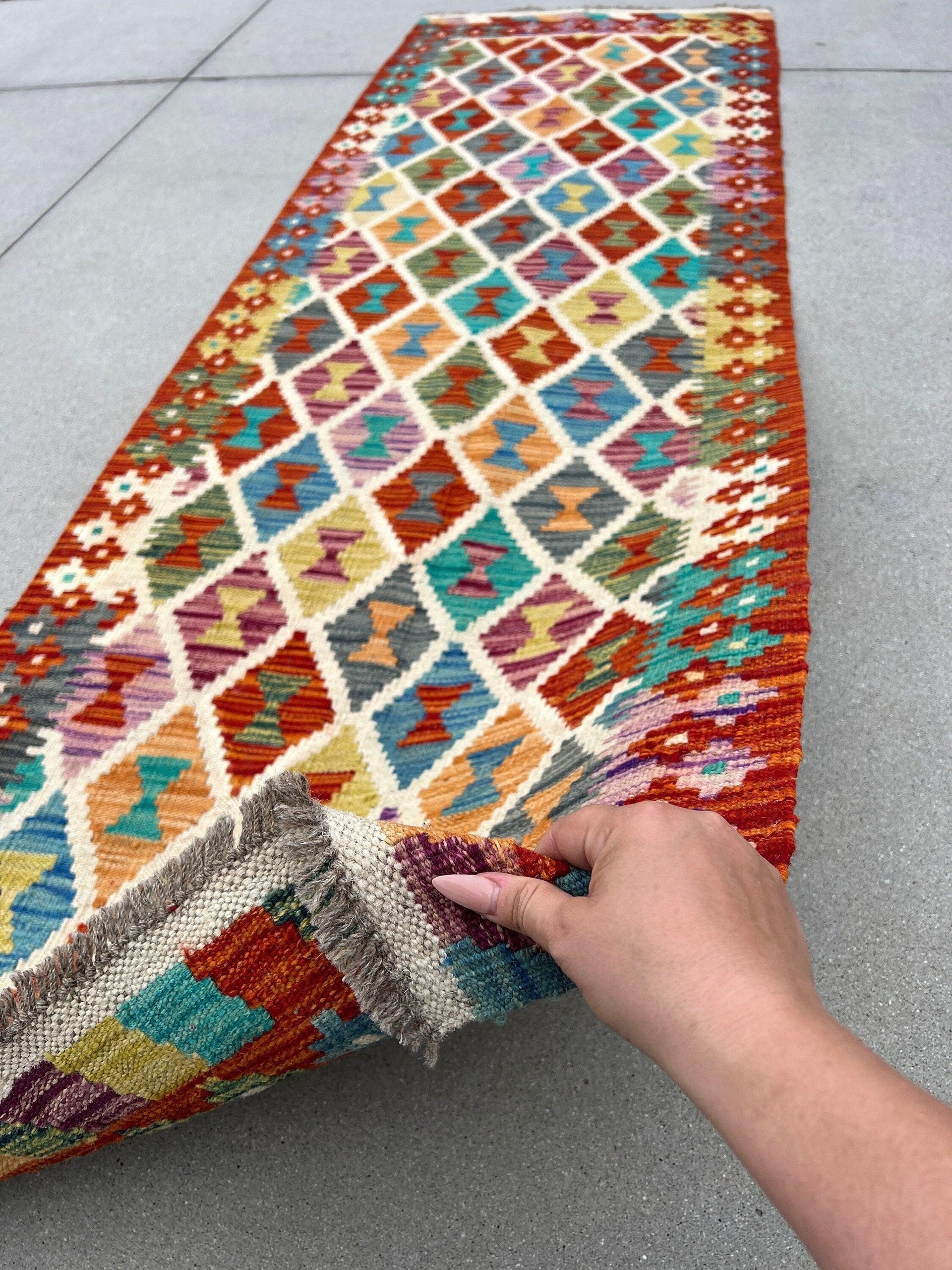 3x8 Handmade Afghan Kilim Runner Rug | Burnt Orange Purple Blue Turquoise Green Grey Mustard Yellow Ivory White | Flatweave Wool Outdoor