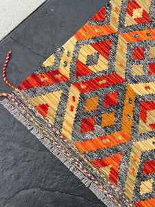 3x4 Handmade Afghan Kilim Rug | Grey Burnt Fire Orange Golden Yellow | Flatweave Flatwoven Persian Bohemian Oriental Geometric Wool Outdoor