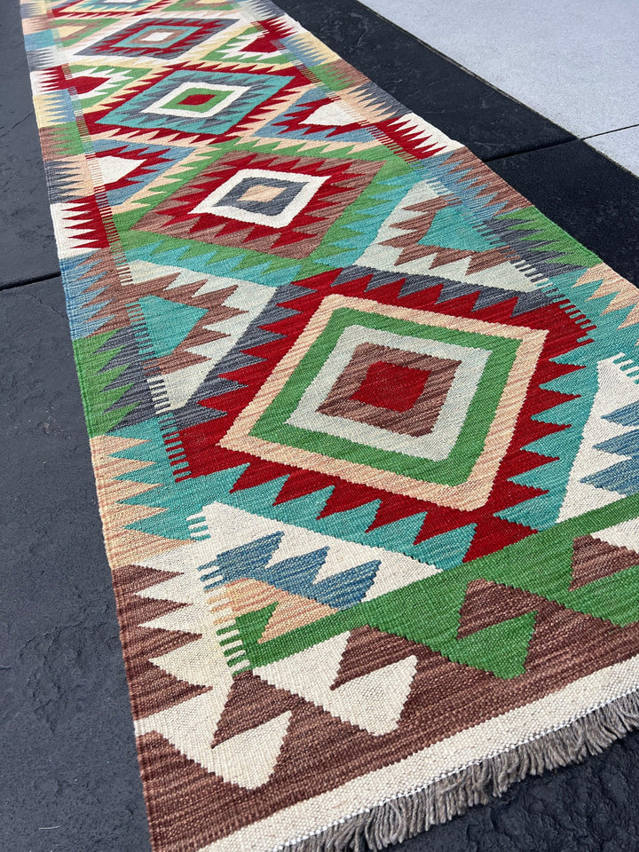 3x13 Handmade Afghan Kilim Runner Rug | Mocha Brown Ivory Red White Green Blue Turquoise Tan | Flatweave Flat Woven Wool Persian Outdoor