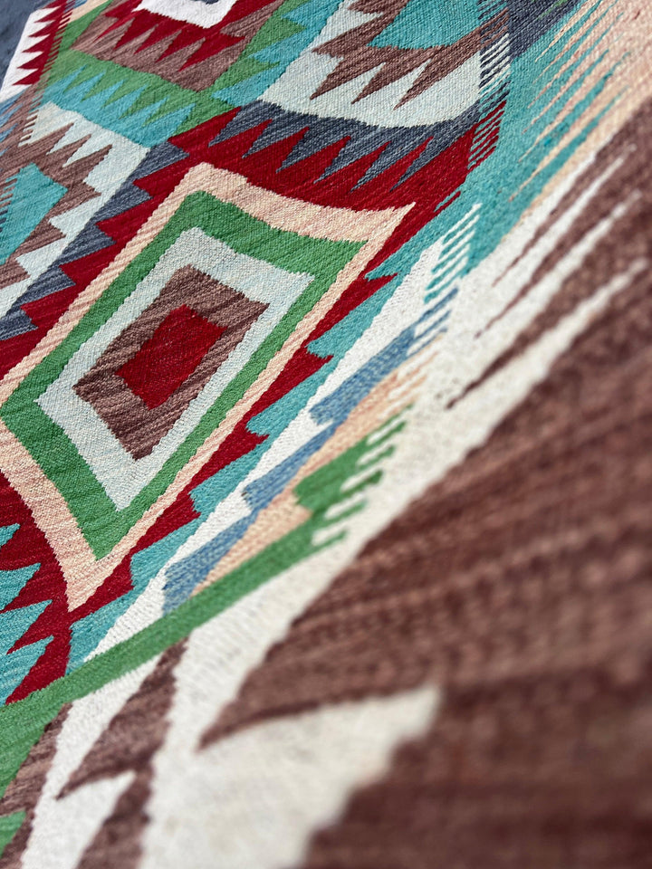 3x13 Handmade Afghan Kilim Runner Rug | Mocha Brown Ivory Red White Green Blue Turquoise Tan | Flatweave Flat Woven Wool Persian Outdoor