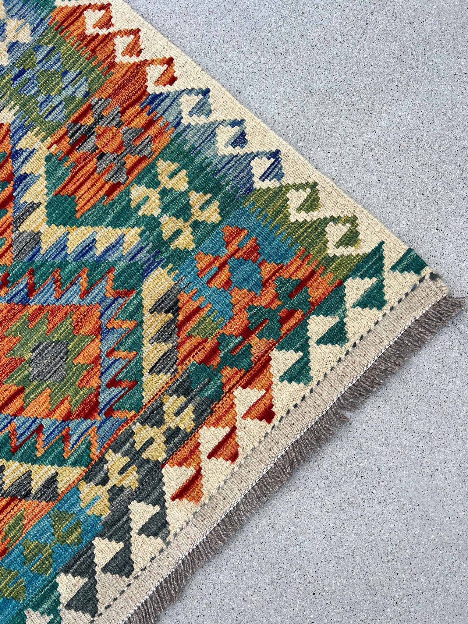 3x7 (60x200) Handmade Afghan Kilim Runner Rug | Cream Beige Burnt Orange Teal Blue Forest Green Yellow | Flatweave Flat Woven Persian Wool