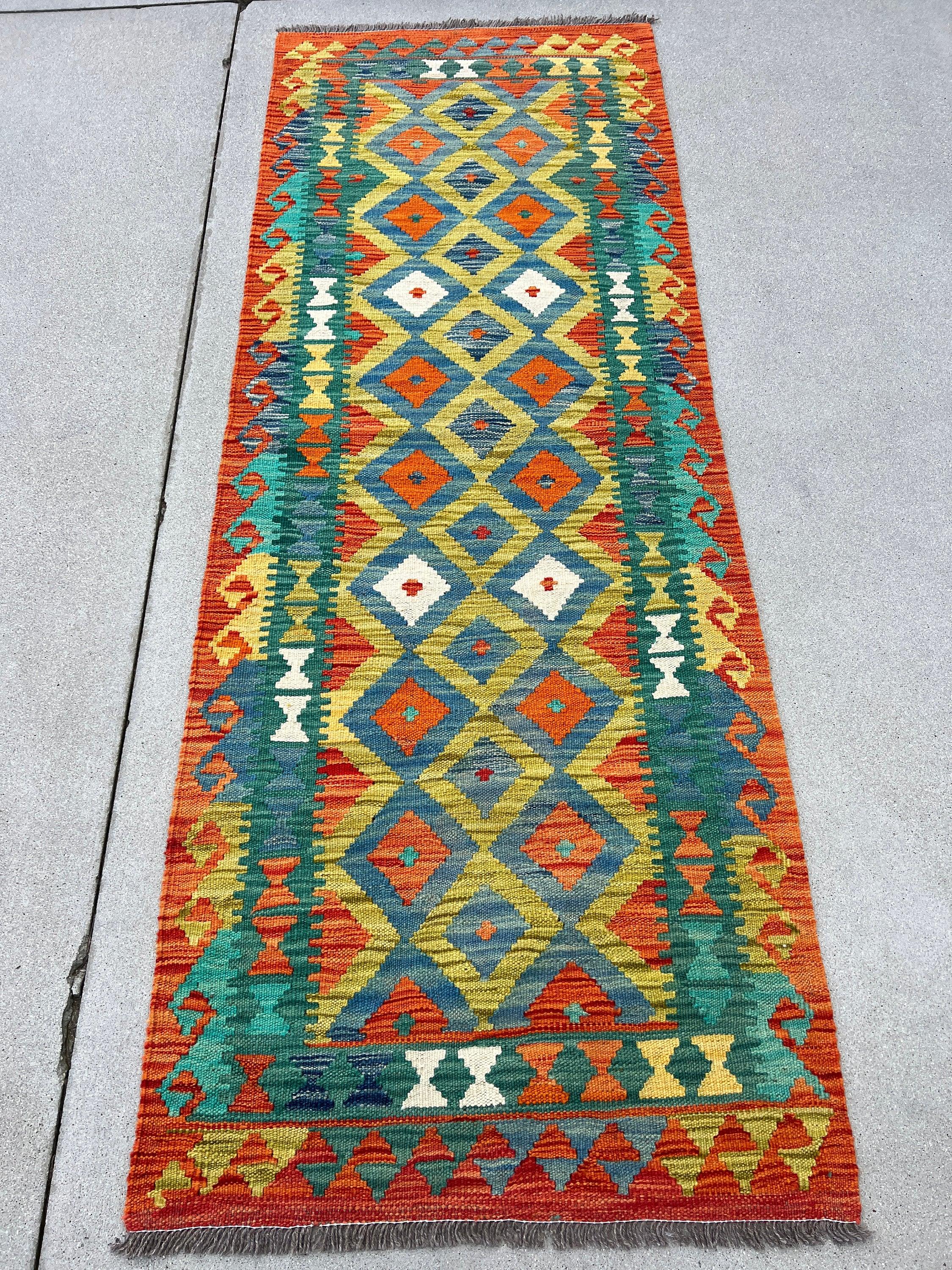 3x7 Handmade Afghan Kilim Runner Rug | Burnt Orange Blue Teal Mustard Yellow Pine Olive Green White | Flatweave Wool Tribal Outdoor