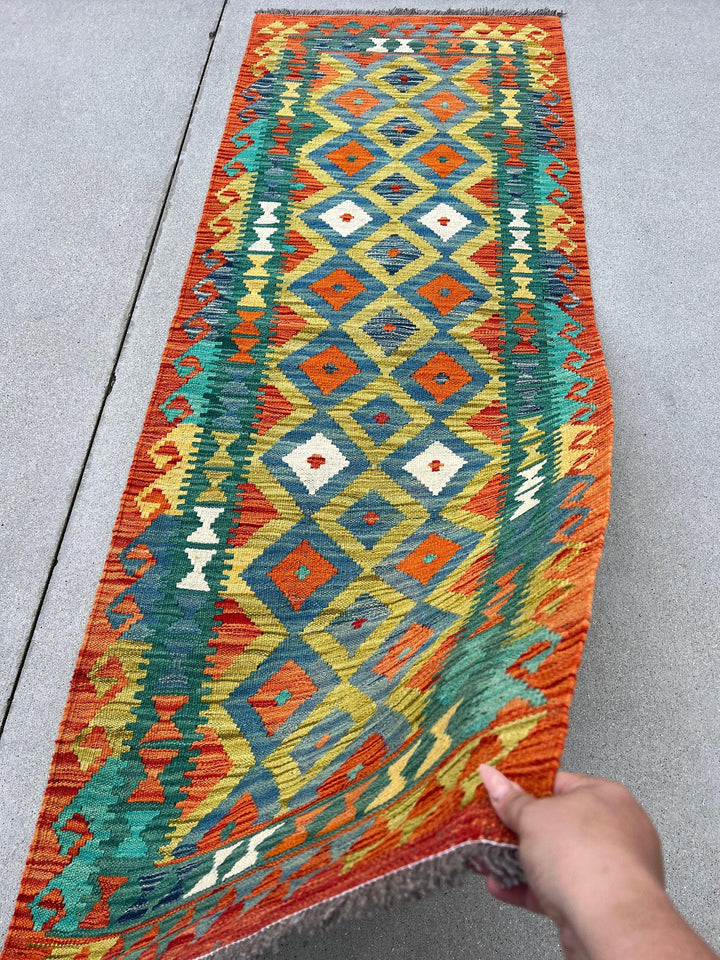 3x7 Handmade Afghan Kilim Runner Rug | Burnt Orange Blue Teal Mustard Yellow Pine Olive Green White | Flatweave Wool Tribal Outdoor